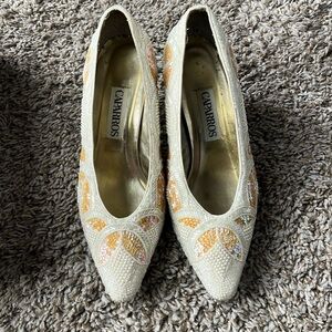 Vintage Caparros Ivory Silk Beaded Dress Heels Shoes Size 8 B